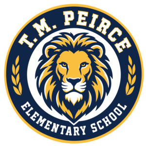 Thomas M. Peirce Elementary School logo featuring a navy and gold lion.
